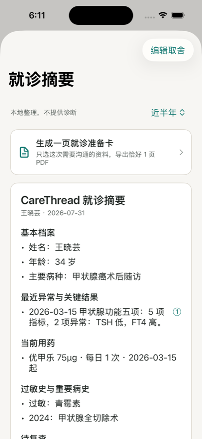 就诊摘要：分章节列出主要问题、近期关键结果、当前用药和下次复查